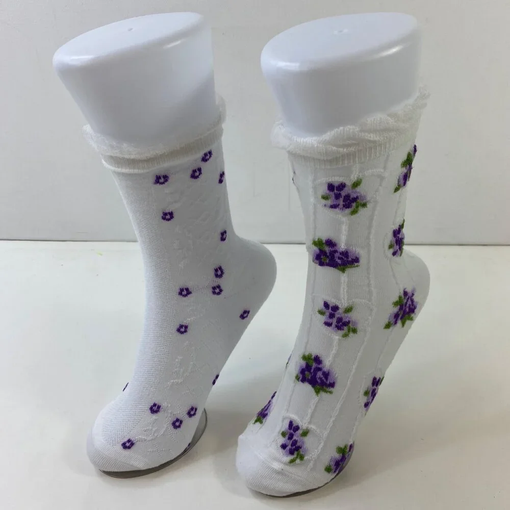 Womens Floral Knit Crew Socks 2 Pack Ruffle Cuff White Purple
